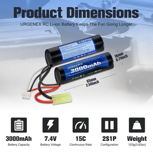 URGENEX 3000mAh Airsoft Battery 7.4V Nunchuck Battery with Mini Tamiya Plug 2S Rechargeable Stick Shape Butterfly Fit for Most Airsoft Model Guns Rifles
