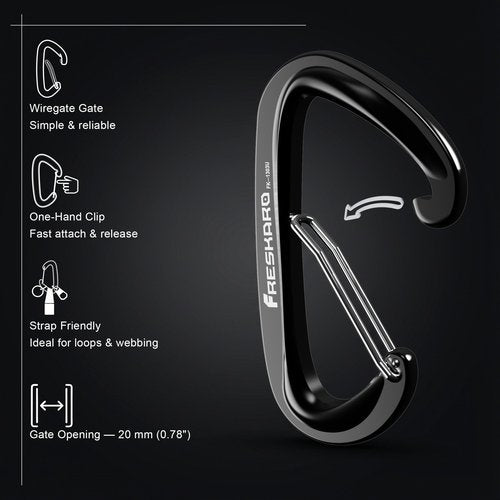 FresKaro Wiregate Carabiner Clip, 12kN(2698lbs), Suit for Backpacking Gear or as a Hiking Accessories - 4pack of Black D Ring Wire Gate Carabiners