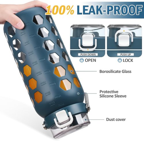 MUKOKO 64oz Glass Water Bottle - Half Gallon with Straw, Time Marker & Silicone Sleeve - Blue