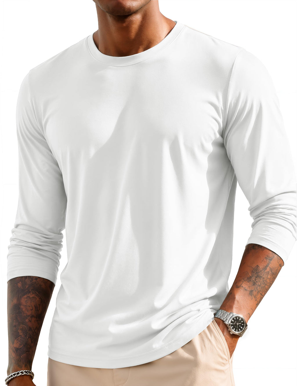 MAGCOMSEN Mens Long Sleeve T-Shirts Crew Neck Shirts Cotton Casual Tee Shirt Lightweight Shirt White,L