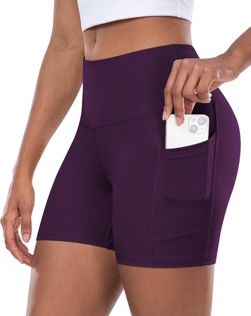 CHRLEISURE Women's Biker Yoga Shorts - High Waisted Tummy Control, 5-Inch Workout Spandex, Pocket Included