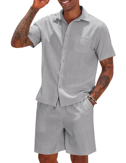 COOFANDY Men Linen Outfit Short Sleeve Beach Suit Slim Fit Lightweight Tracksuit