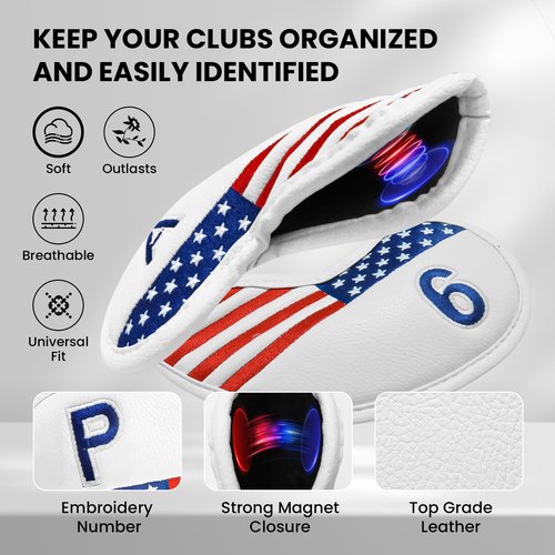 Amy Sport Golf Iron Head Covers Strong Magnetic Closure Value 9 Pack, Premium Synthetic Leather Deluxe Headcovers USA Flag Design, Universal Head Cover Fit Main Irons Clubs (White-USA Flag)