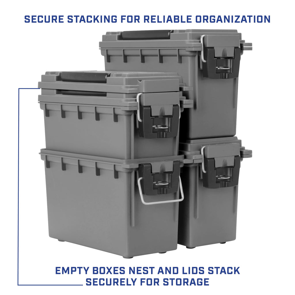 Sheffield 12759 4-Pack Ammo Storage Box, Stackable .30 Cal Field Boxes, Water and Dust Resistant, Lockable Storage Box with Handle, Secures Hunting Gear, Supplies, and Bullets, Made in USA, Gray