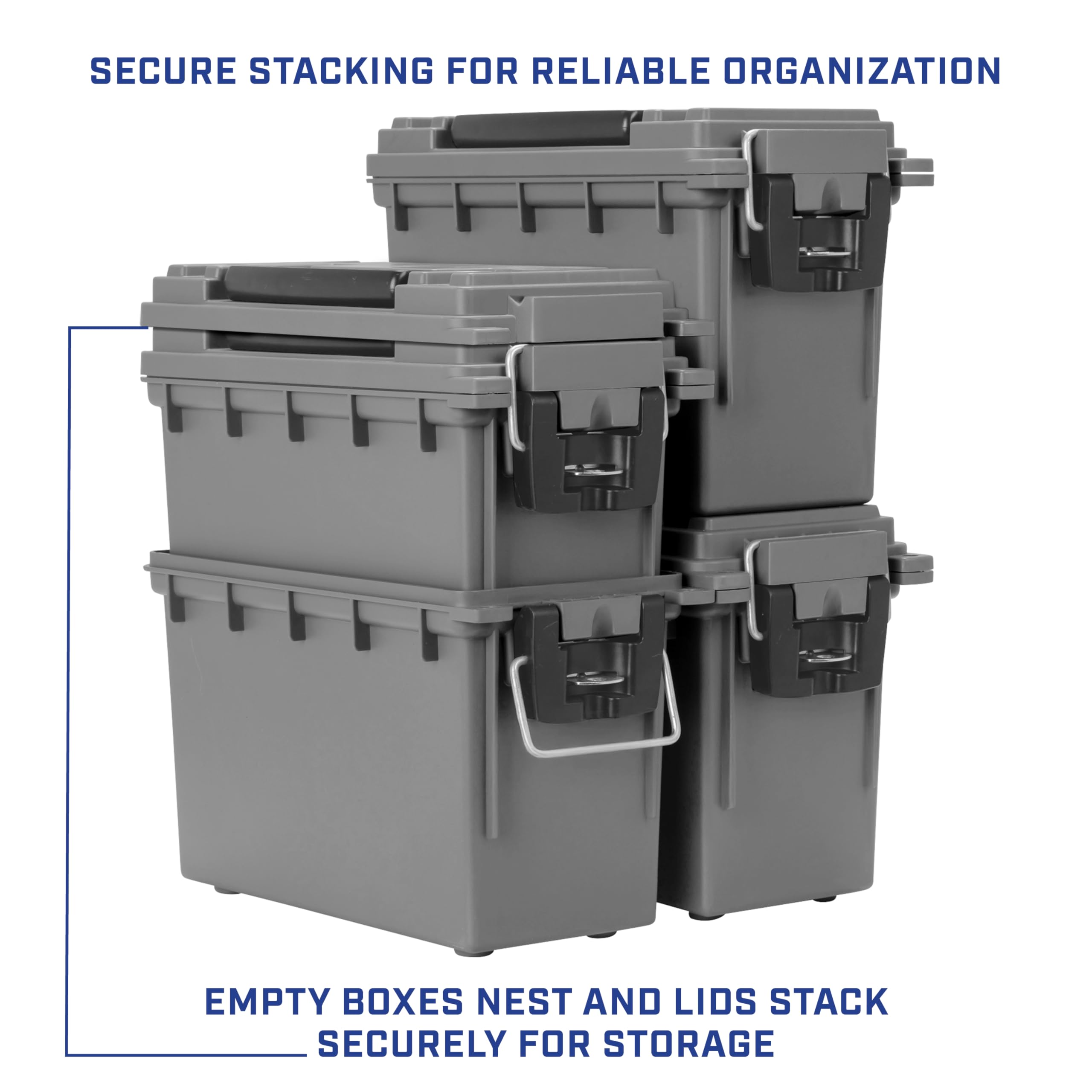 Sheffield 12759 4-Pack Ammo Storage Box, Stackable .30 Cal Field Boxes, Water and Dust Resistant, Lockable Storage Box with Handle, Secures Hunting Gear, Supplies, and Bullets, Made in USA, Gray