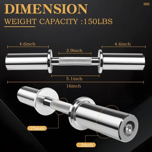 NouraVita Pair of 16" Olympic Dumbbell Handles,Loadable Dumbbell Bars for 2-inch Standard Plates,Weight Bars with 2 Pair of Spring Collars for Home Gym Strength Training (Silver)