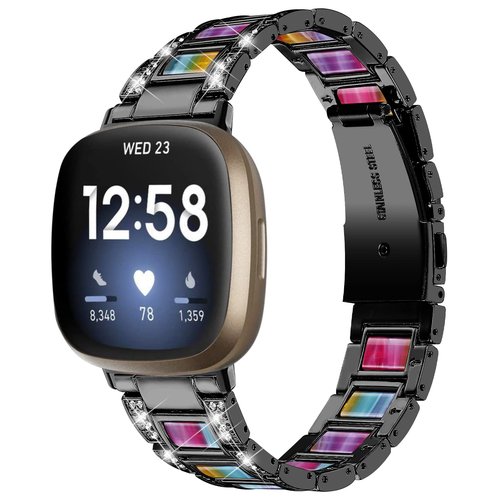 Feigand Bling Resin Bands Compatible with Fitbit Versa 4/Sense 2/Versa 3/Sense, Shinny Metal Bracelet Straps Luxurious Rhinestone Replacement Wristband for Women (Rose Gold)