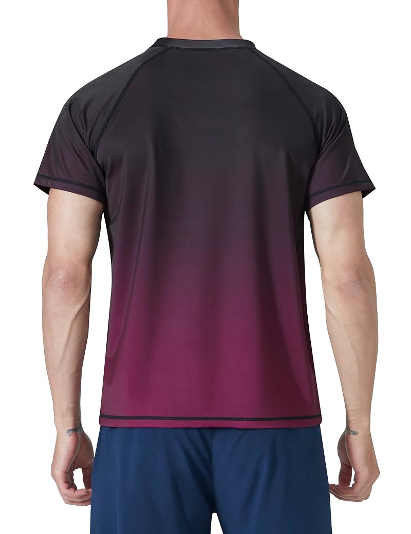 Mens Rash Guard Swim Shirt UPF 50+ Quick Dry Short Sleeve Gradient Red XXL