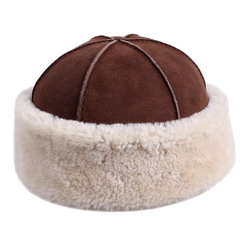 BOONJOVIA Unisex Genuine Sheepskin Leather Shearling Wool Beanie Hat, Winter Fur Cap, Hand Stitched (US, Alpha, One Size, Brown)