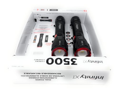 Infinity X1 3500 Lumen Dual Power Flashlight 2-Pack – High-Performance LED, Rechargeable or Alkaline Powered, 4 Light Modes, USB-C Charging, Includes Batteries and Cables