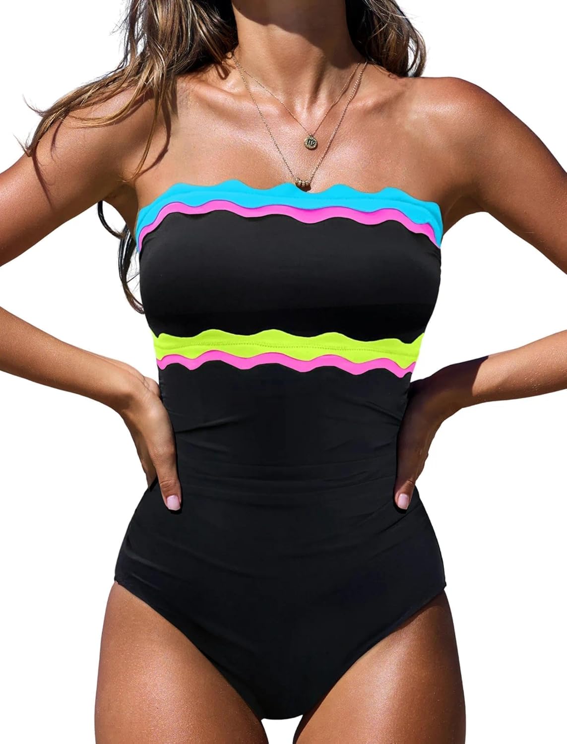 Popvil One Piece Swimsuit - Tummy Control Strapless Neon Bandeau Bathing Suit for Women