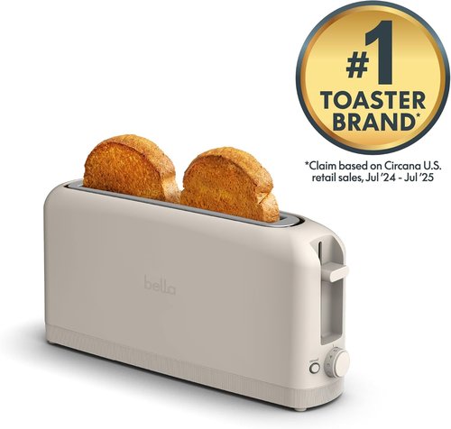 Bella 2 Slice Slim Toaster - 10” Long Slot with 6 Shade Settings & Auto Shutoff | Oatmilk Color