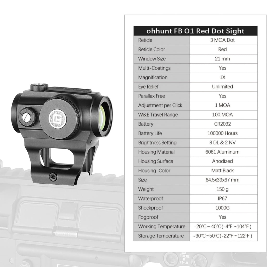 ohhunt FB O1 3 MOA Red Dot Sight Motion Awake Closed Red Dot Sight 1000G Shockproof IPX67 Waterproof
