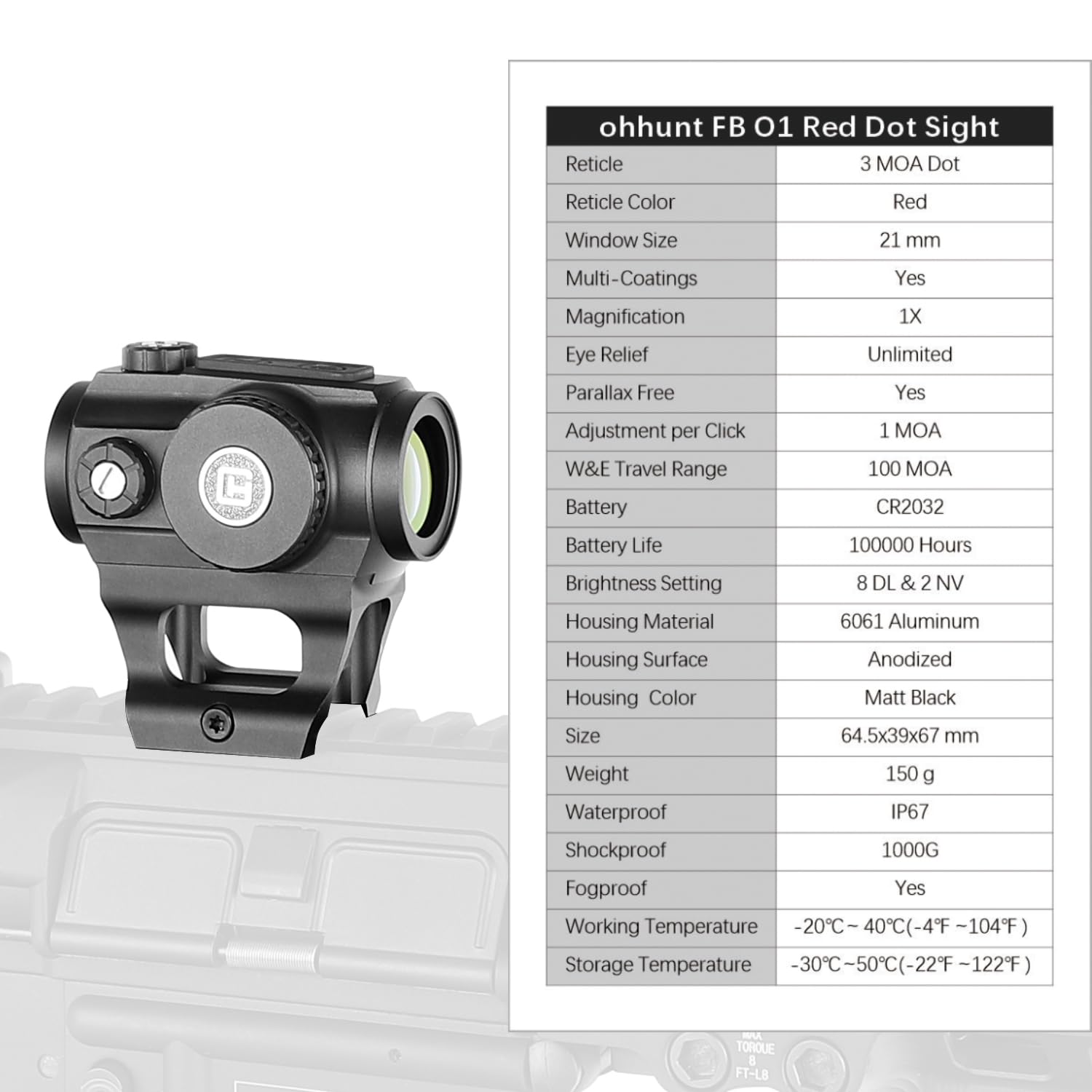 ohhunt FB O1 3 MOA Red Dot Sight Motion Awake Closed Red Dot Sight 1000G Shockproof IPX67 Waterproof