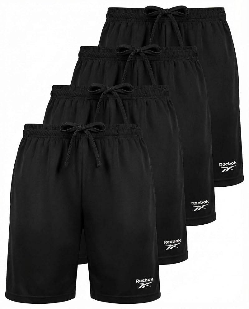 Reebok 4 Pack Boys' Dry Fit Athletic Shorts with Pockets - Solid Black (Sizes S-XL)