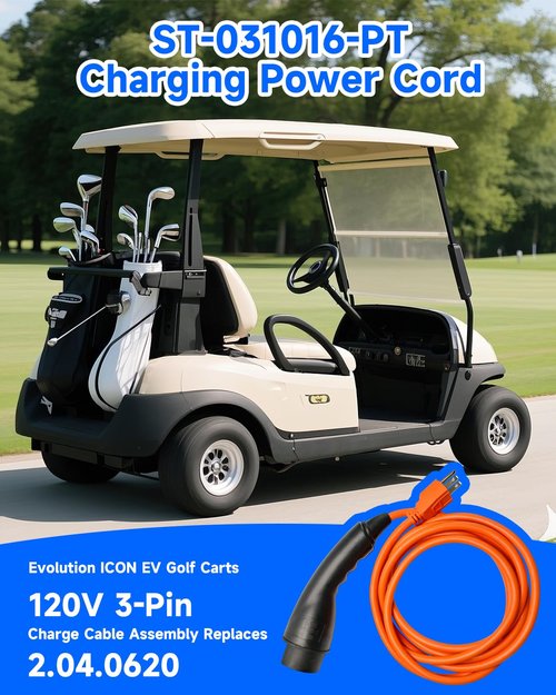 Donminggl Golf Cart Charger & Evolution Golf Cart Parts - EV Charging Cable & 3-Pin Charge Plug, 10FT 120V,Replaces OEM# 2.04.0620 ST-031016-PT for Evolution D5 & ICON (Plug and Play)