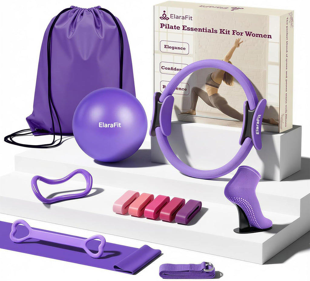 Skiennix Home Pilates Ring and Ball Set - 13-Inch Magic Circle with 5 Resistance Bands for Full Body Toning