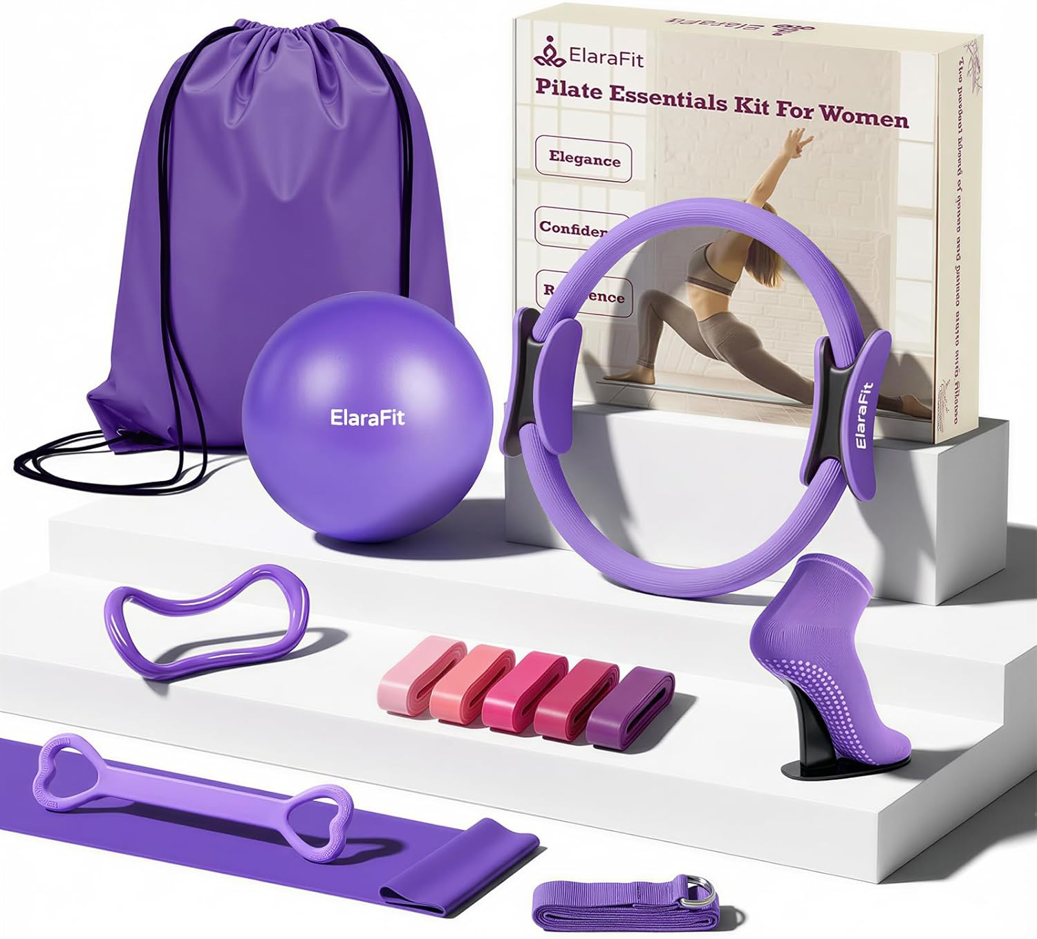 Skiennix Home Pilates Ring and Ball Set - 13-Inch Magic Circle with 5 Resistance Bands for Full Body Toning