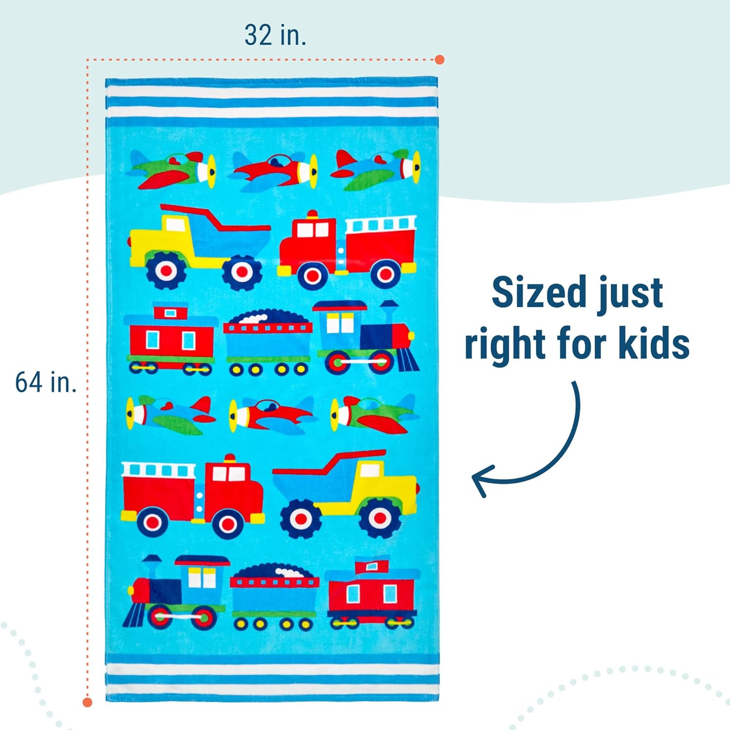 Wildkin Kids Beach Towel - Soft & Absorbent 100% Cotton Pool Essential | Trains, Planes & Trucks Design