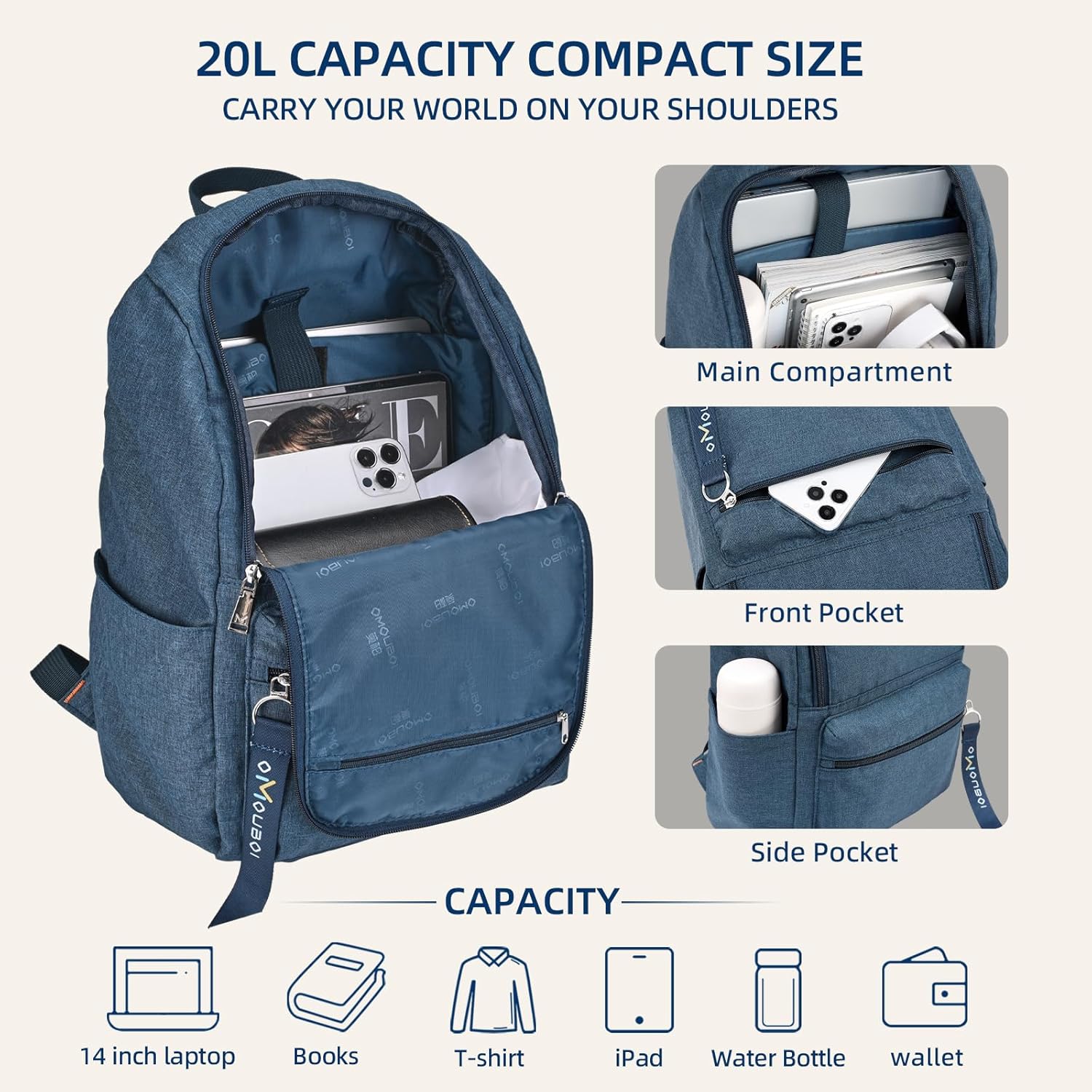 OMOUBOI Casual Daypack - Superbreak 14-Inch Laptop Backpack for Men & Women | Ideal for Travel & Business (Blue)