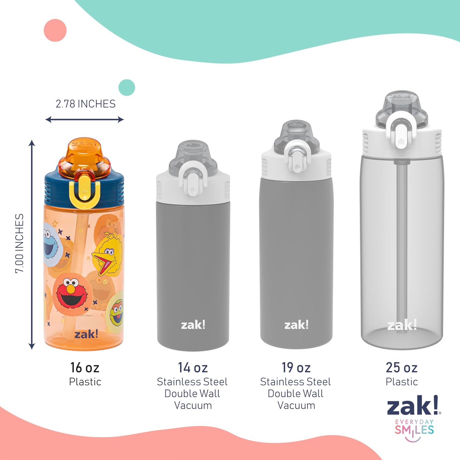 Zak Designs Sesame Street Kids Water Bottle - 16oz Durable Plastic with Straw & Handle | Leak-Proof, 2-Pack (Elmo & Friends)