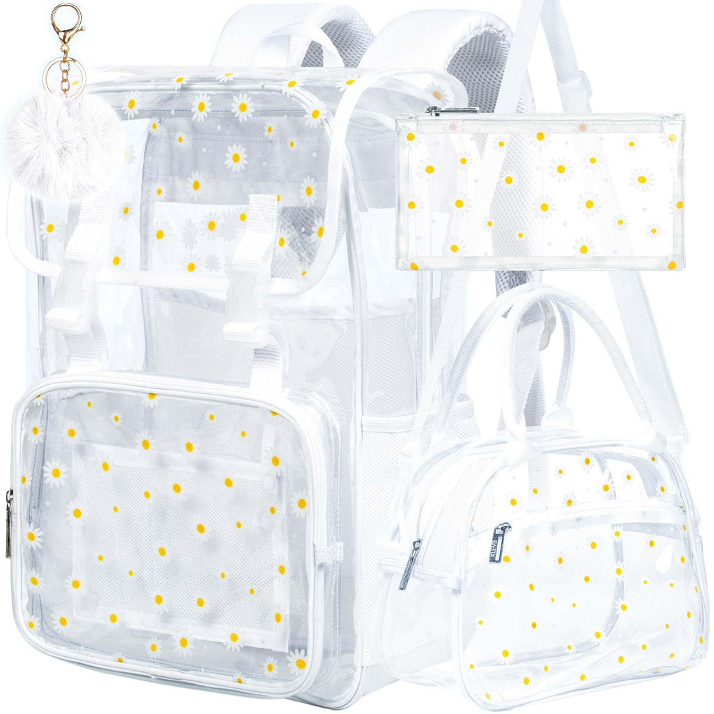 FTJCF 3PCS Clear Backpack, Heavy Duty Transparent Bookbag for Girls Women, Stadium Approved See Through Backpack Set (White Daisy)