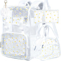 FTJCF 3PCS Clear Backpack, Heavy Duty Transparent Bookbag for Girls Women, Stadium Approved See Through Backpack Set (White Daisy)