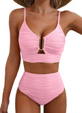 Herseas Ribbed Two Piece Bikini Sets V Neck Swimwear Push Up Full Coverage High Waisted Bathing Suit Flattering Beach Vacation Clothes for Women Pink X-Large