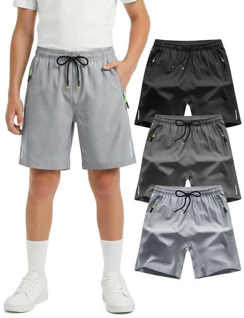 Gihuo Boys Shorts Quick Dry Athletic Shorts Kids Lightweight Outdoor Running Shorts with Zipper Pocket(BlackDarkGreyLightGrey-13Y)