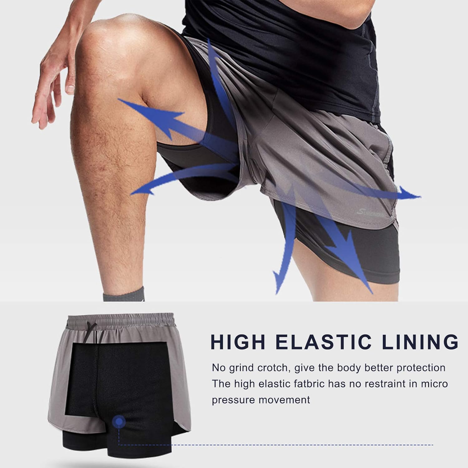 Surenow Men's 2-in-1 Running Shorts - Quick Dry Athletic Shorts with Zip Pockets & Towel Loop