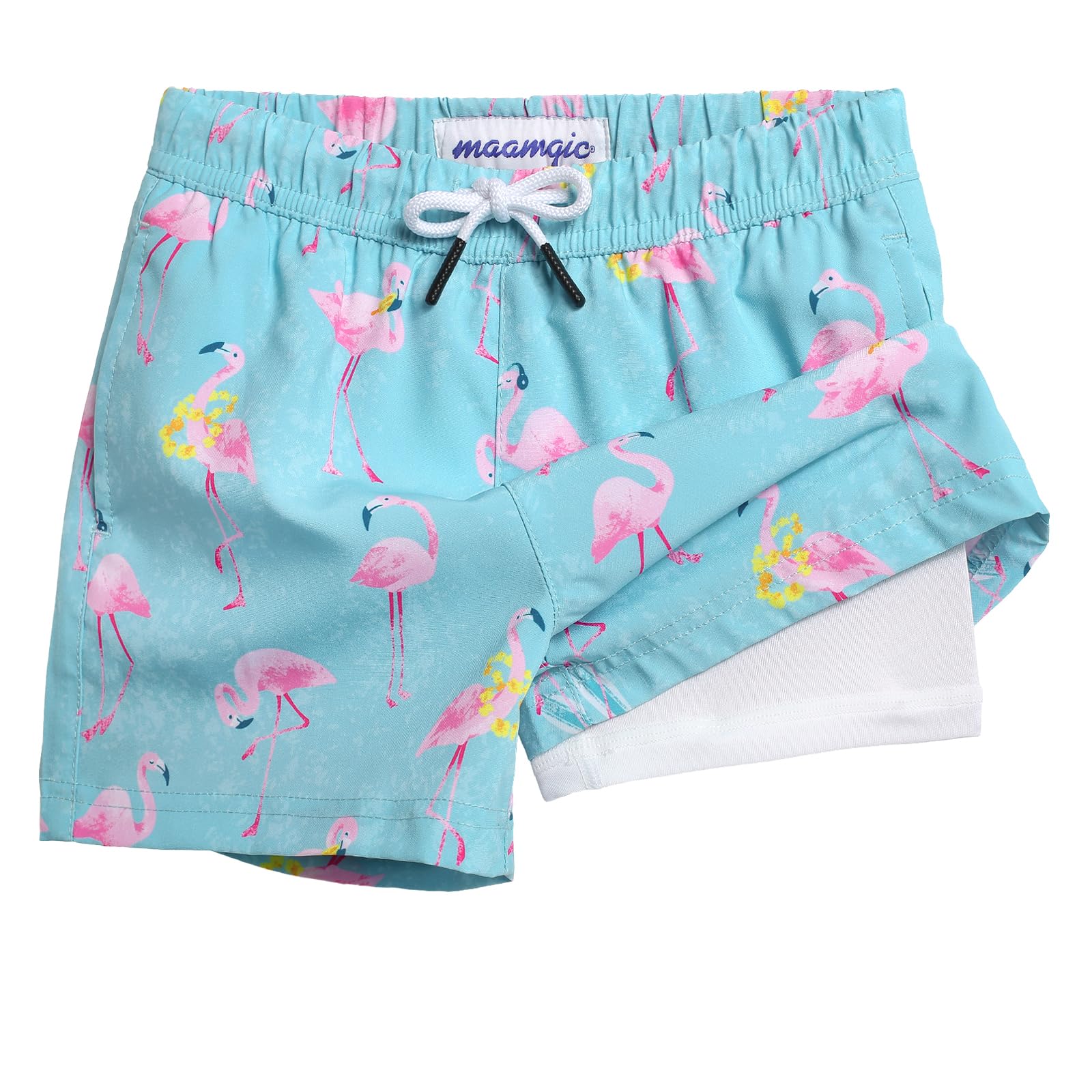 maamgic Boys Swim Trunks with Compression Liner Toddler Stretch Swim Shorts Quick Dry Swimming Trunks Boxer Brief 2 in 1 Beach Shorts Aloha Flamingos 14/16