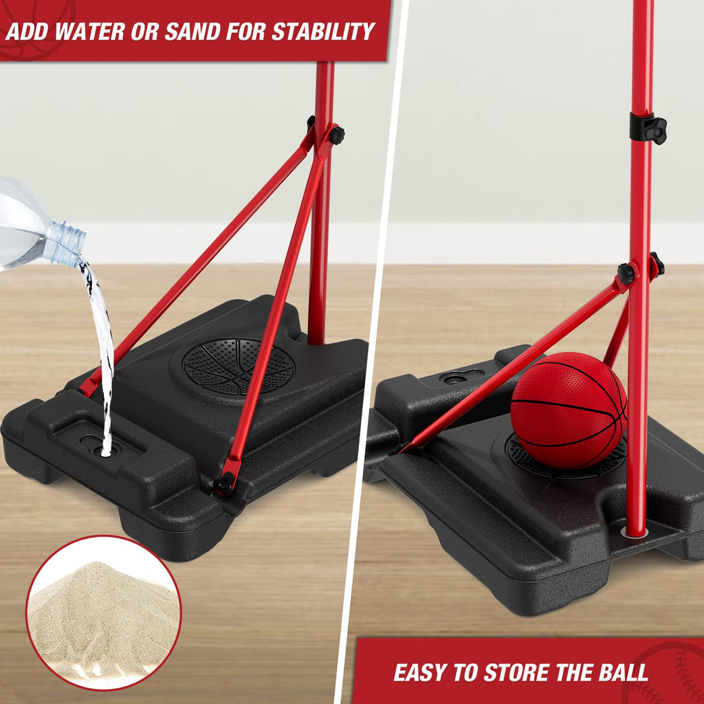 HYES 4 in 1 Kids Basketball Hoop and Tball Set 3-5, Basketball Goal with Scoreboard&LED, Hanging Tee Ball Stand with Baseball Pitching Machine, Indoor Outdoor Sport Toys for Boys 4-8