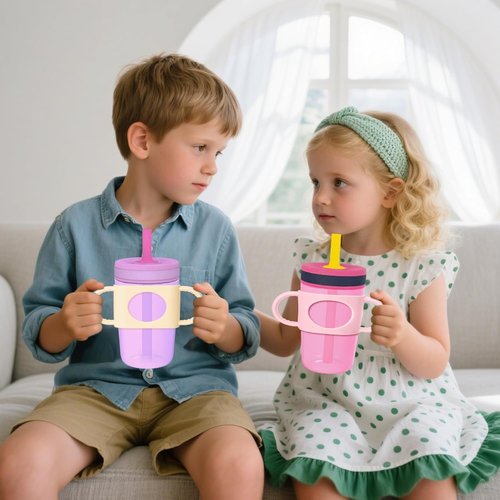 Mity Rain Cup Grip - Silicone Dual-Handle for Owala, Zak & Stanley Toddler Cups | Beige & Pink