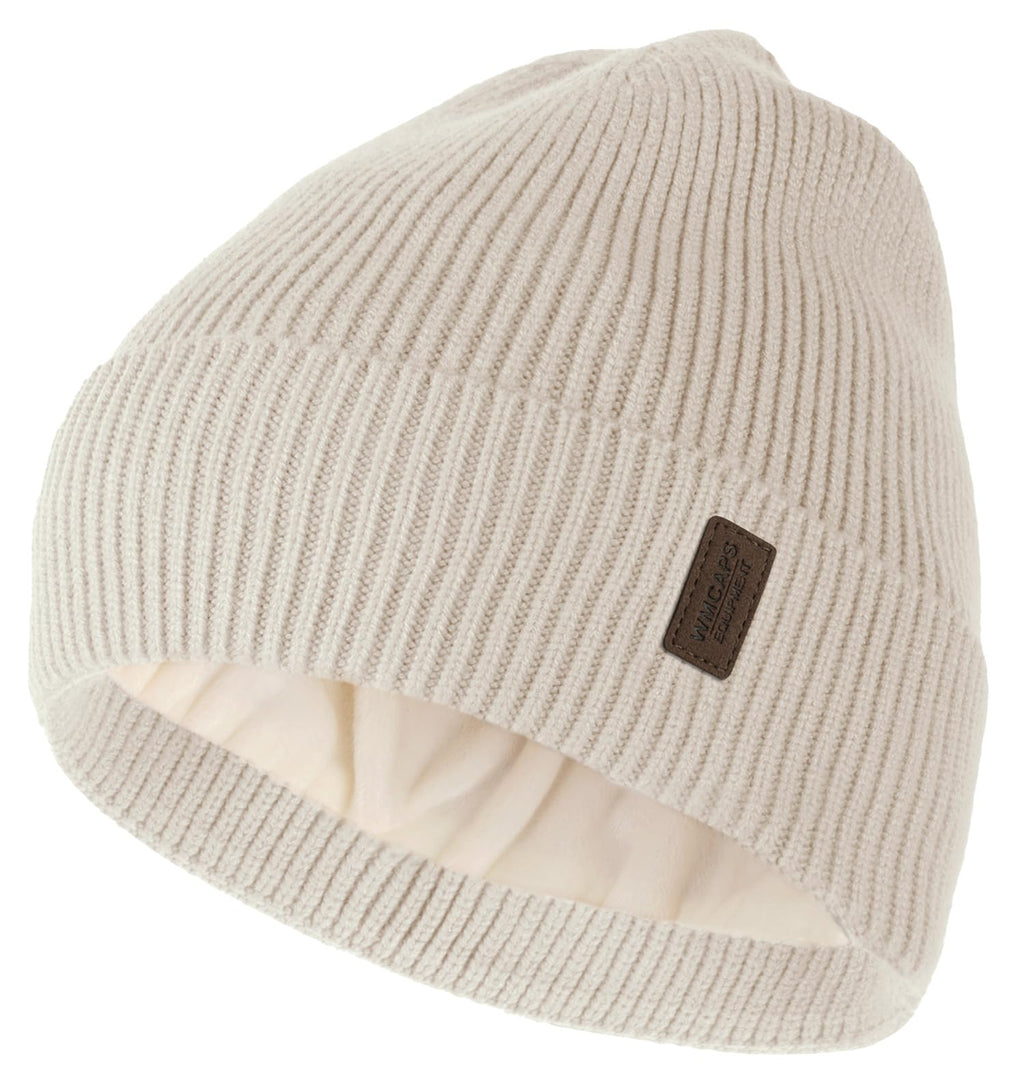 Wmcaps Winter Beanie for Men Women, Fleece Lined Beanie Soft Warm Knit Hat Ski Stocking Cuffed Cap (Cream White)