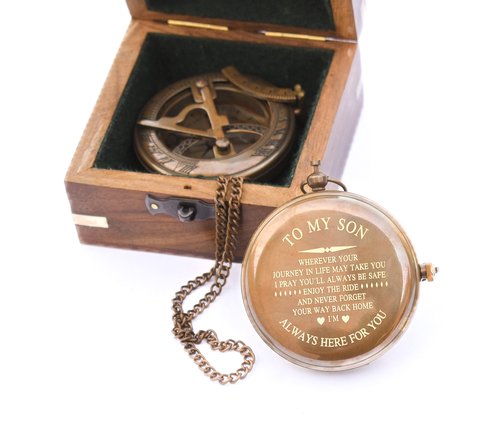 to My Son Compass - Personalized Sundial Compass with Case | Unique Gift for Son, Dad to Son Gift, Mom to Son Gift, Grandson Gift | Pocket Compass with Inspirational Engraving (Wooden Case)