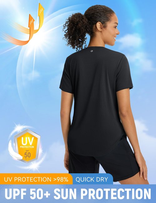baleaf Women's Sun Shirts UPF 50+ Short Sleeve UV Protection V Neck Tops Moisture Wicking Quick Dry for Hiking Workout Running Black M