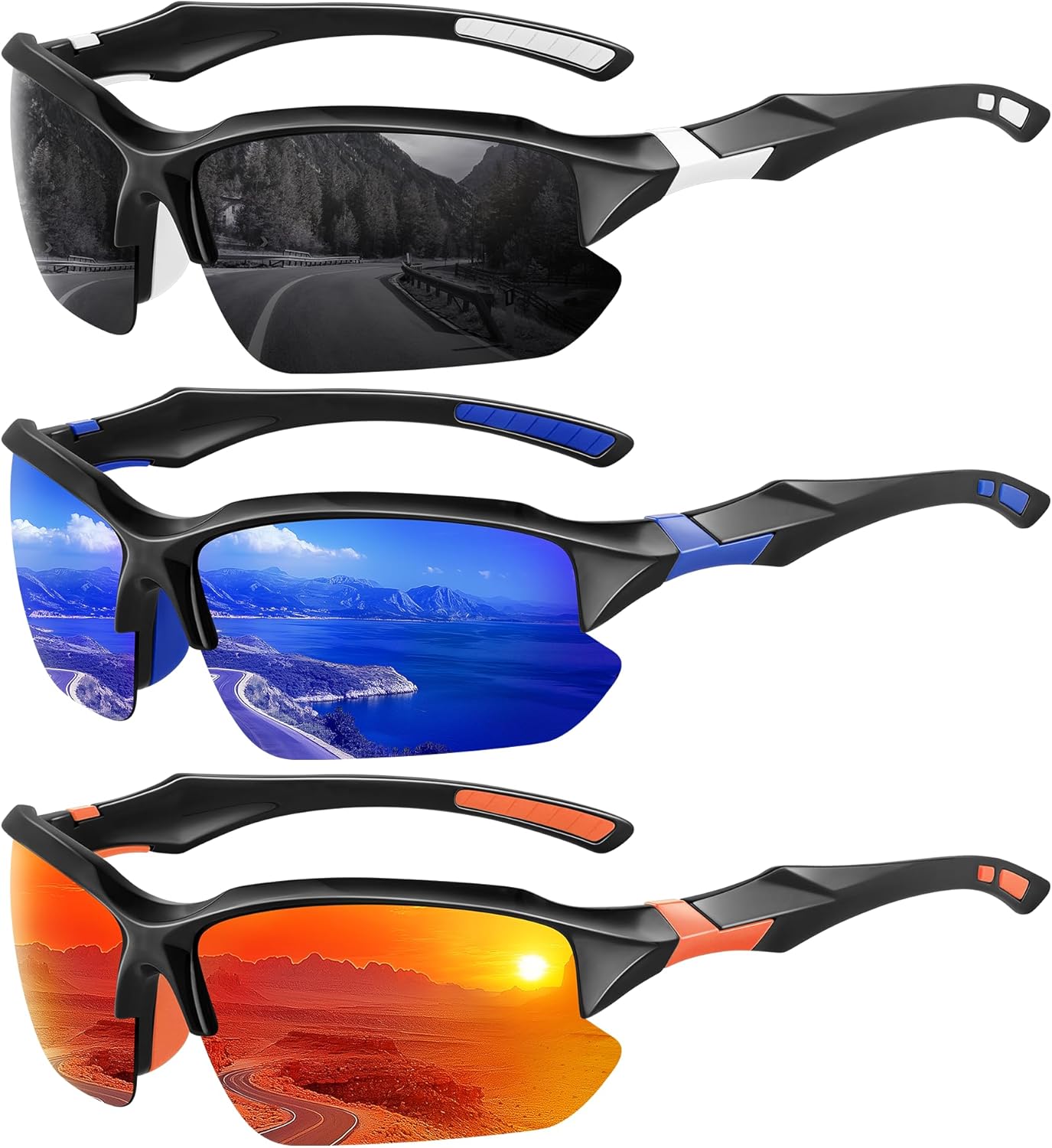 XVXV Polarized Sports Sunglasses - UV Protection & Comfortable Half Frame for Men | 3 Pack