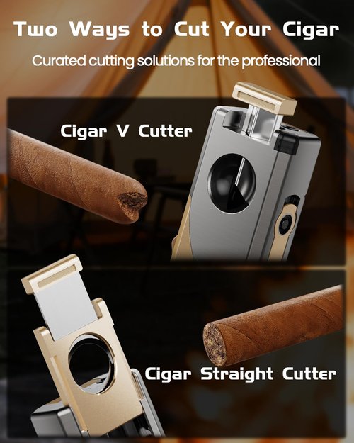Cigar Lighter, 6-in-1 Cigar Torch Lighter with Cigar Cutter V Cut & Straight Cutter Cigar Punch Cigar Holder Cigar Draw Enhancer, 3 Jet Flame Torch Lighter Refillable Butane Lighter Cigar Gift for men