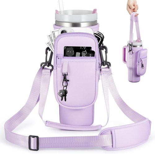 BULKITEM Water Bottle Carrier Bag - Insulated Neoprene Holder with Phone Pocket for Stanley 40 & 30 oz Tumbler - Pink
