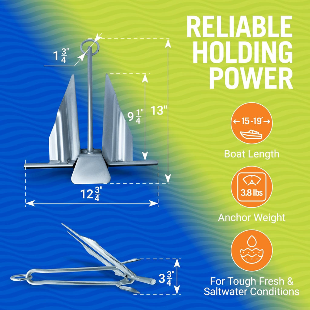 Boat Anchor - Galvanized Steel Marine Grade with Slip Ring | 5 lb Fluke Design for Pontoon & Small Boats