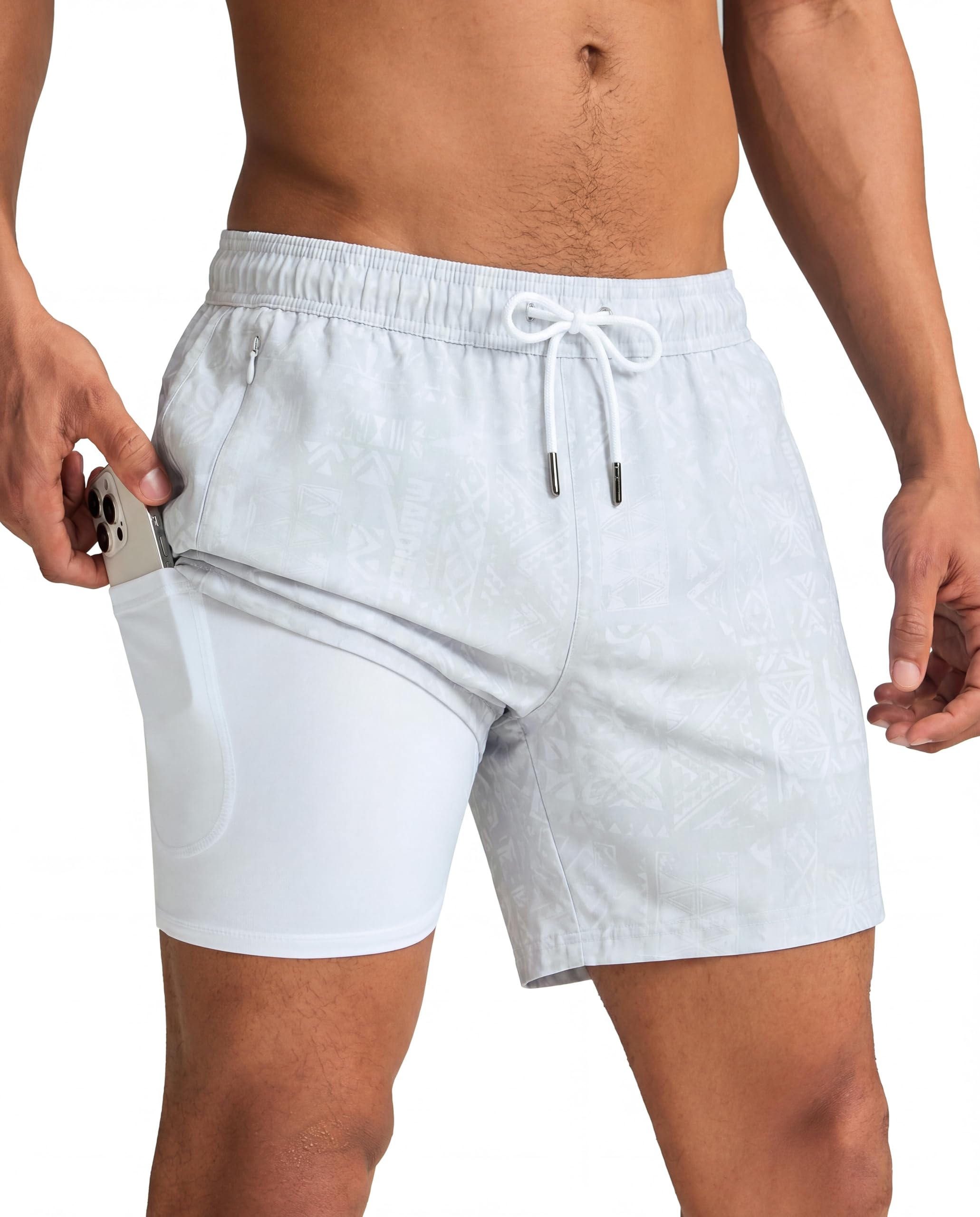 maamgic Mens Swim Trunks with Compression Liner 5 Inch, Quick Dry Bathing Suit with Zipper Pockets, Stretch No-Chafing Swim Shorts, Frost Marks X-Small