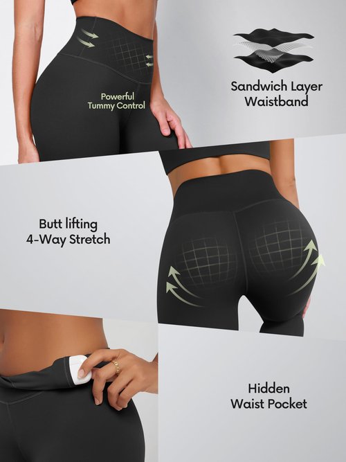ODODOS Tummy Control Full Length Compression Leggings with Inner Pocket for Women, 28" High Waist Workout Running Yoga Pants, Black, Large