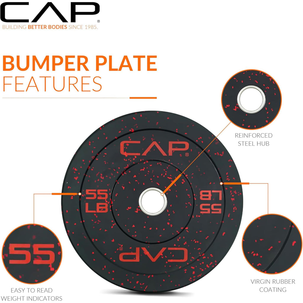 CAP 160 lb Economy Speckled Olympic Bumper Plate Set with Compact Storage Rack, 2-Inch Olympic Plates, Medium Bounce Rubber Weight Plates with Steel Hub, 4 Weight Posts & 2 Barbell Holders for Weightlifting, Strength Training & Home Gym Workouts
