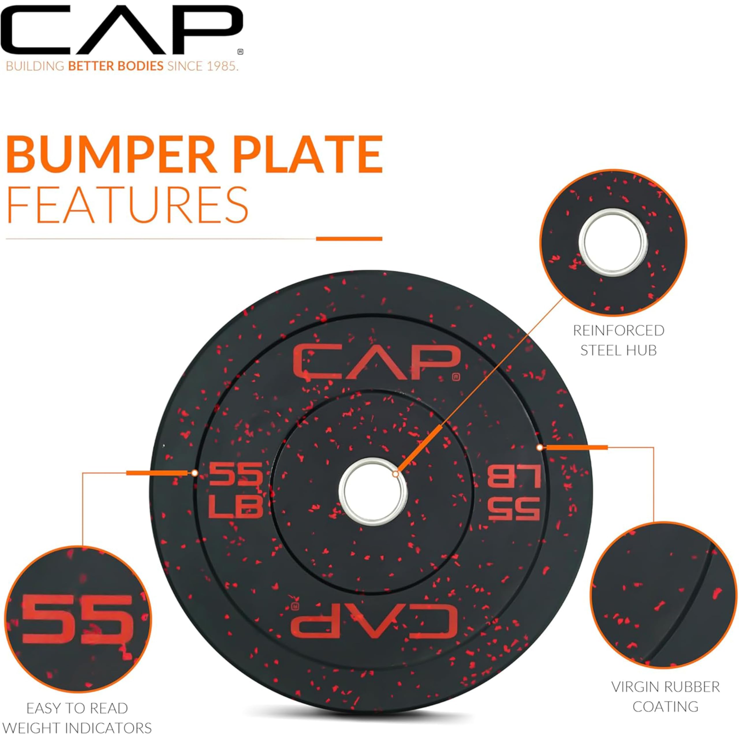 CAP 160 lb Economy Speckled Olympic Bumper Plate Set with Compact Storage Rack, 2-Inch Olympic Plates, Medium Bounce Rubber Weight Plates with Steel Hub, 4 Weight Posts & 2 Barbell Holders for Weightlifting, Strength Training & Home Gym Workouts