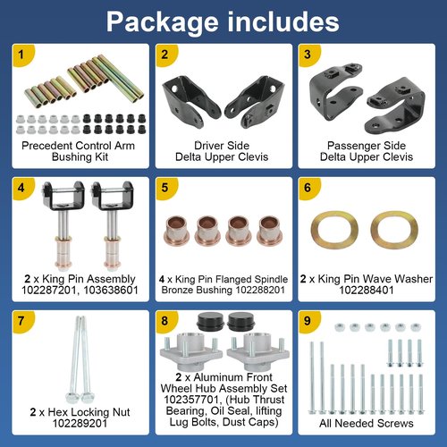CARMOCAR Golf Cart Precedent Front Repair kit Replacement for 2004 Up Club Car Precedent Gas Electric Including Front Wheel Hub King Pin Bearing Bushing Spring Full Set 102357701, 102289701