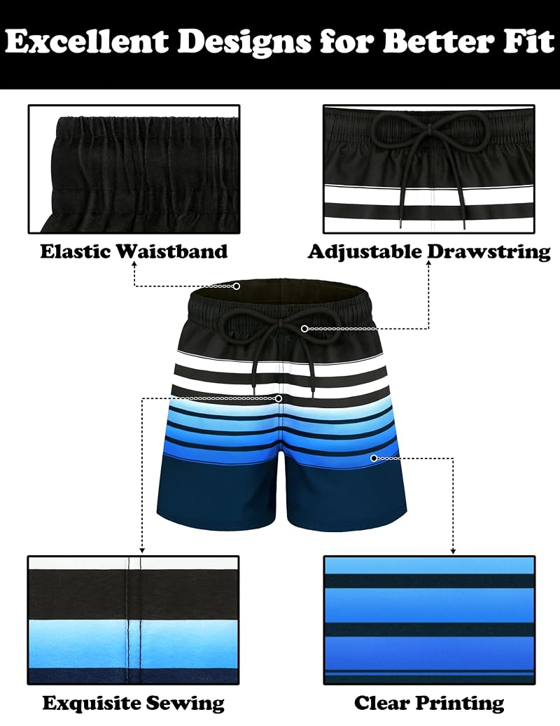 Boys Swim Trunks with Compression Liner - Black with Navy Blue White Stripes, 14-16 years