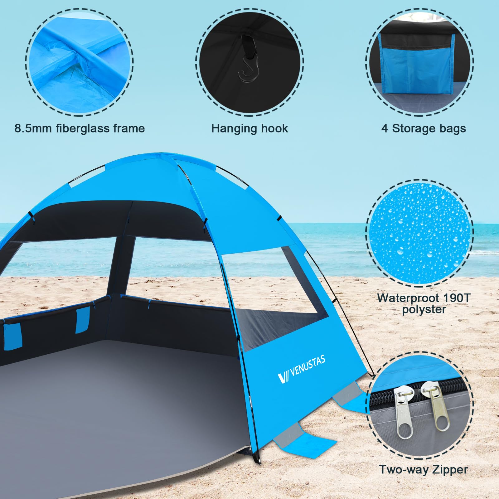Venustas Beach Tent Sun Shelter for 3/4/6/8 Person, UPF 50+ UV Protection Beach Canopy, Lightweight and Easy Setup Cabana, Portable Beach Shade Tent