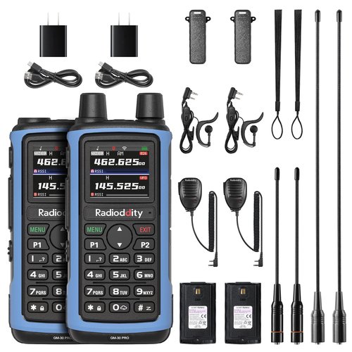 Radioddity GM-30 PRO GMRS Radio, Long Range Handheld Radio with UHF/VHF/NOAA/FM/Airband Reception, APP Wireless Programming 1.77" TFT Display, Frequency Copy, 1,000 Channels, 2 Pack & 2 Speaker Mic
