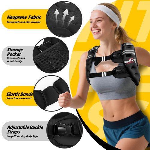 NewTrip Weighted Vest Women & Men - 5lbs/8lbs/10lbs/12lbs/15lbs/20lbs/25lbs/30lbs Adjustable Weight Vest with Detachable Phone Pouch -Ideal for Rucking,Walking,Weight Loss,Training&Running,Black,12 LB