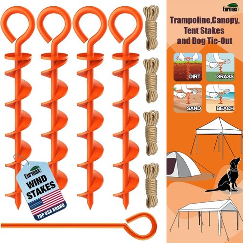 Eurmax USA Canopy Tent Stakes - Durable Corkscrew Shape Steel with Installation Tool & 4 Wind Ropes | Set of 4 (Orange)